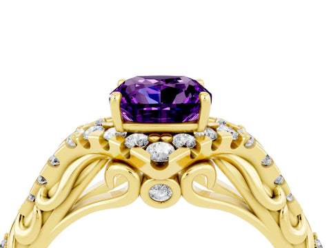 Yellow gold Cushion Cut Amethyst Solitaire Ring with Hidden Halo and Pavé Band_16
