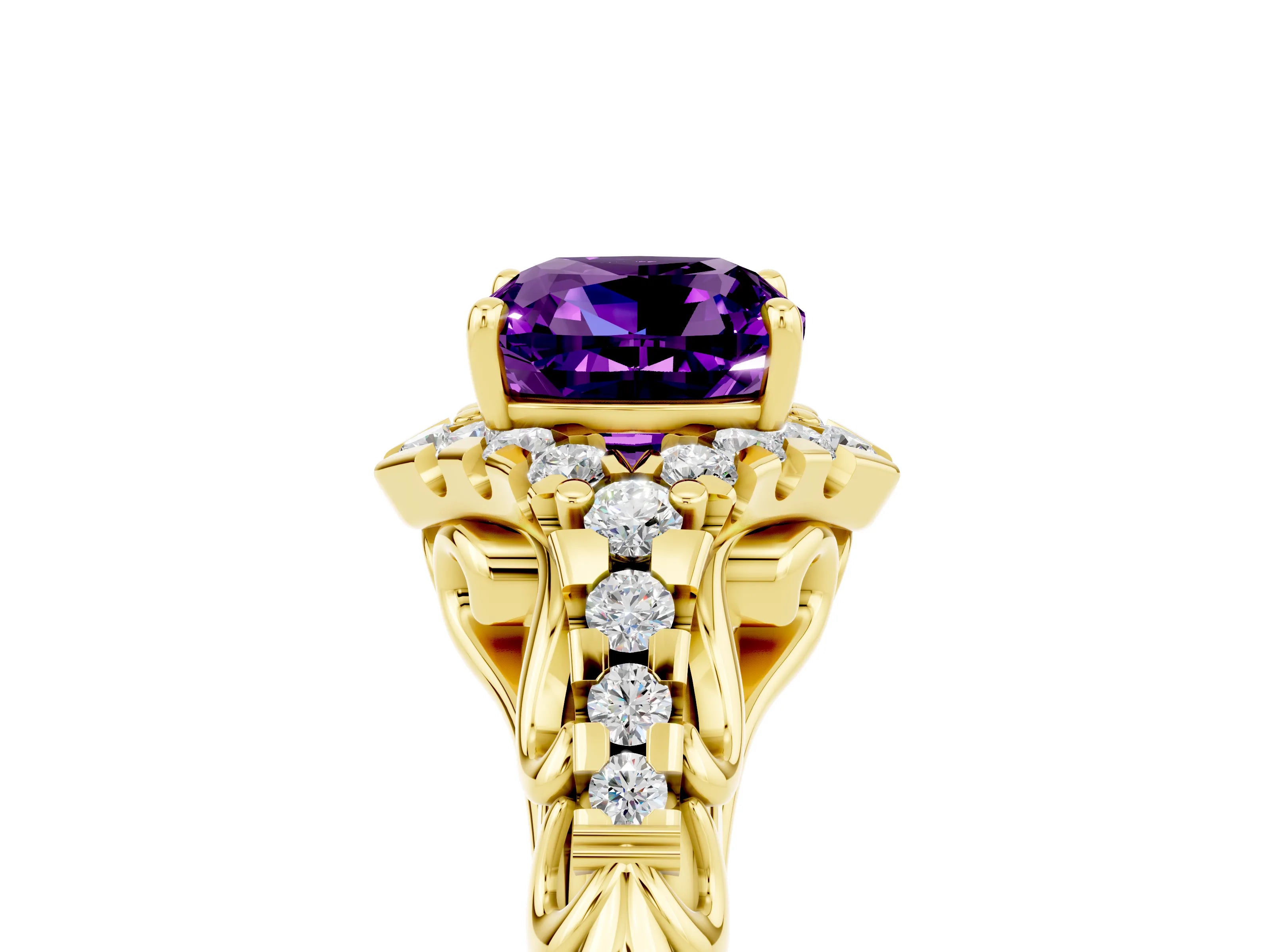 Yellow gold Cushion Cut Amethyst Solitaire Ring with Hidden Halo and Pavé Band_17