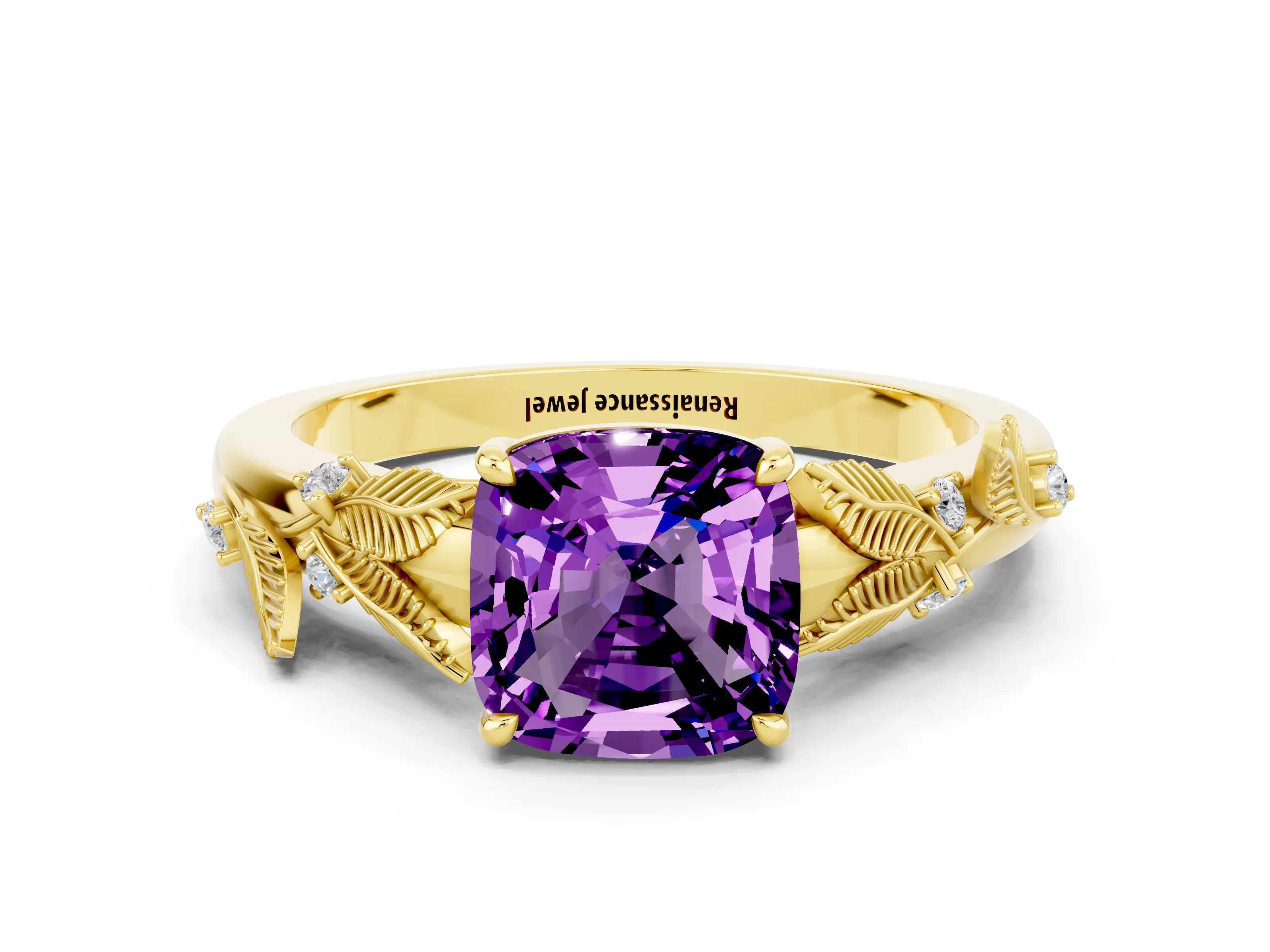 Yellow gold Cushion Cut Amethyst Solitaire Ring with Leaf Motif Band and Four-Prong Setting