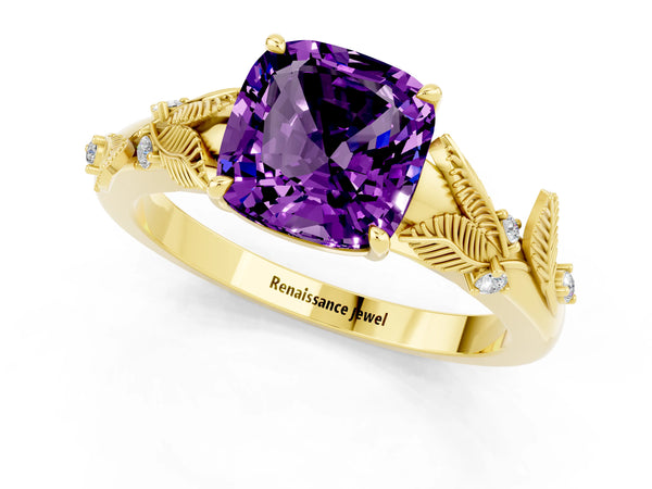 Yellow gold Cushion Cut Amethyst Solitaire Ring with Leaf Motif Band and Four-Prong Setting