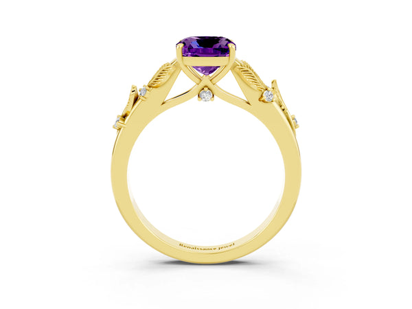 Yellow gold Cushion Cut Amethyst Solitaire Ring with Leaf Motif Band and Four-Prong Setting