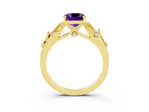 Yellow gold Cushion Cut Amethyst Solitaire Ring with Leaf Motif Band and Four-Prong Setting_3