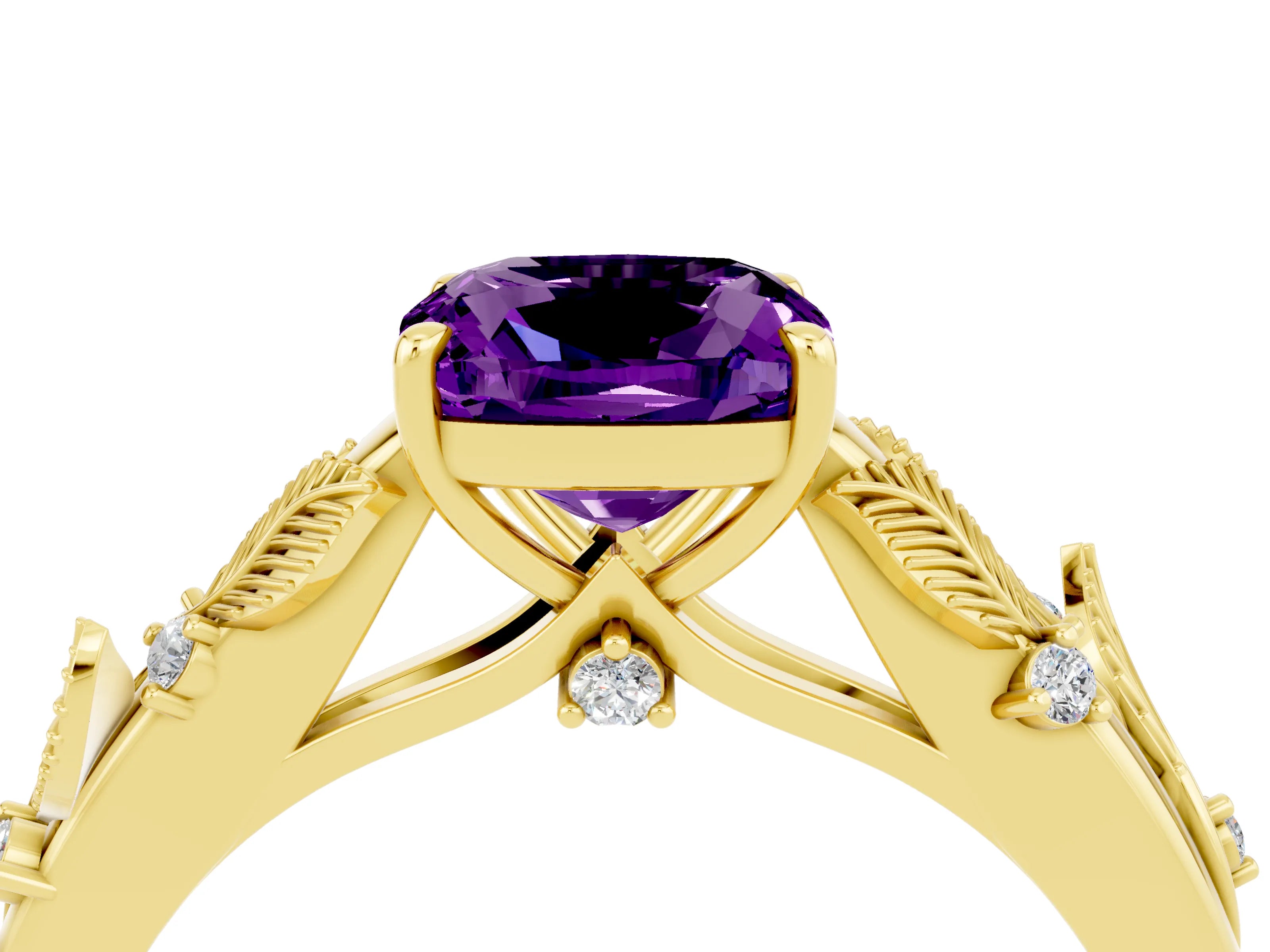 Yellow gold Cushion Cut Amethyst Solitaire Ring with Leaf Motif Band and Four-Prong Setting_4