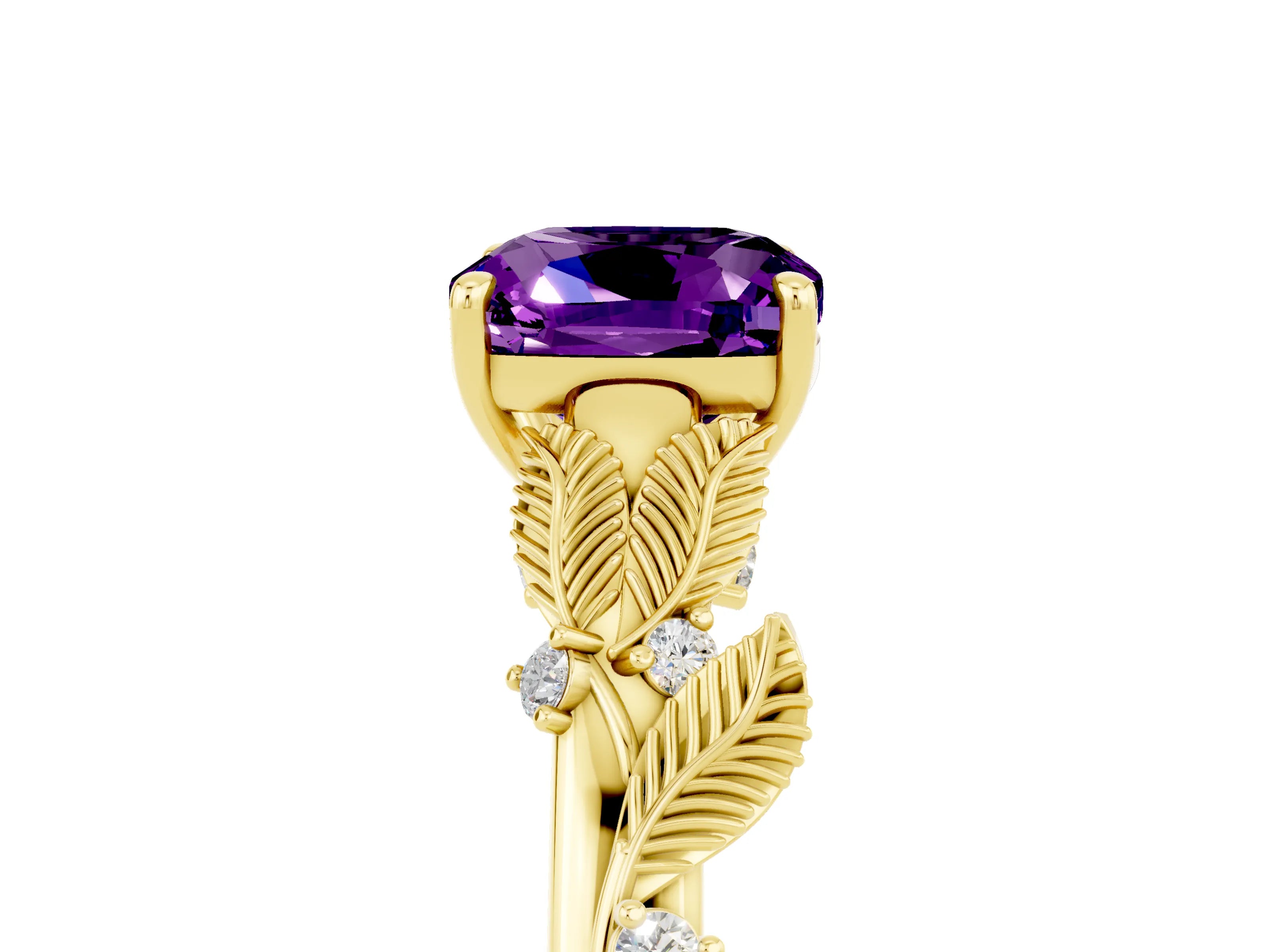 Yellow gold Cushion Cut Amethyst Solitaire Ring with Leaf Motif Band and Four-Prong Setting_5