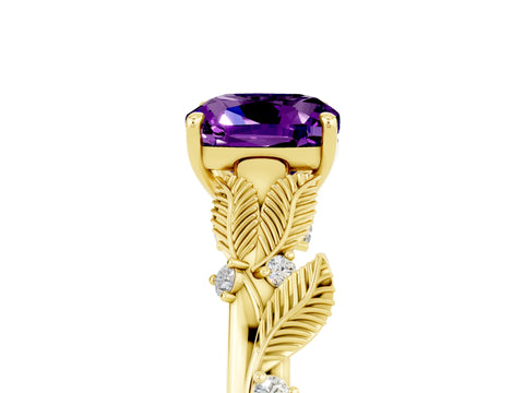 Yellow gold Cushion Cut Amethyst Solitaire Ring with Leaf Motif Band and Four-Prong Setting_5