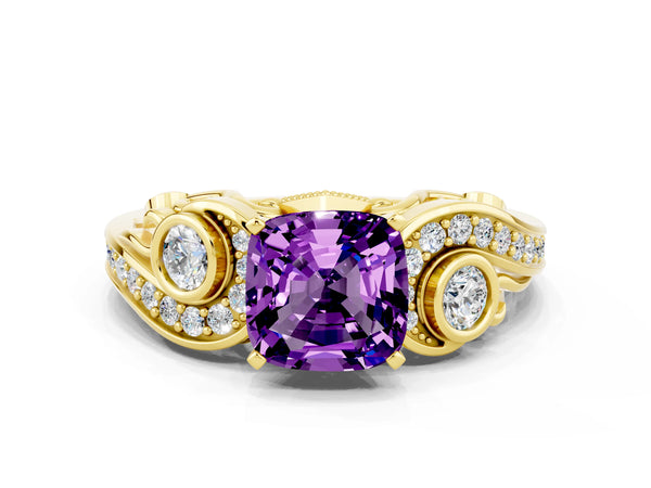 Yellow gold Cushion Cut Amethyst Solitaire Ring with Milgrain Pavé Band and Four-Prong Setting