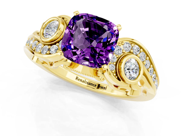 Yellow gold Cushion Cut Amethyst Solitaire Ring with Milgrain Pavé Band and Four-Prong Setting