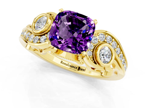 Yellow gold Cushion Cut Amethyst Solitaire Ring with Milgrain Pavé Band and Four-Prong Setting_25