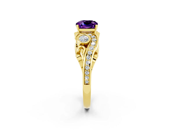 Yellow gold Cushion Cut Amethyst Solitaire Ring with Milgrain Pavé Band and Four-Prong Setting