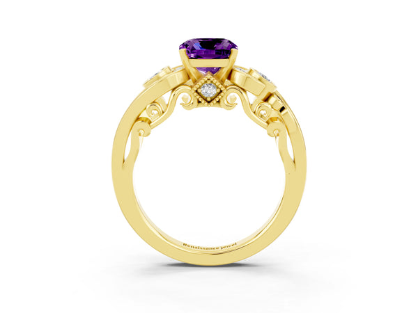 Yellow gold Cushion Cut Amethyst Solitaire Ring with Milgrain Pavé Band and Four-Prong Setting