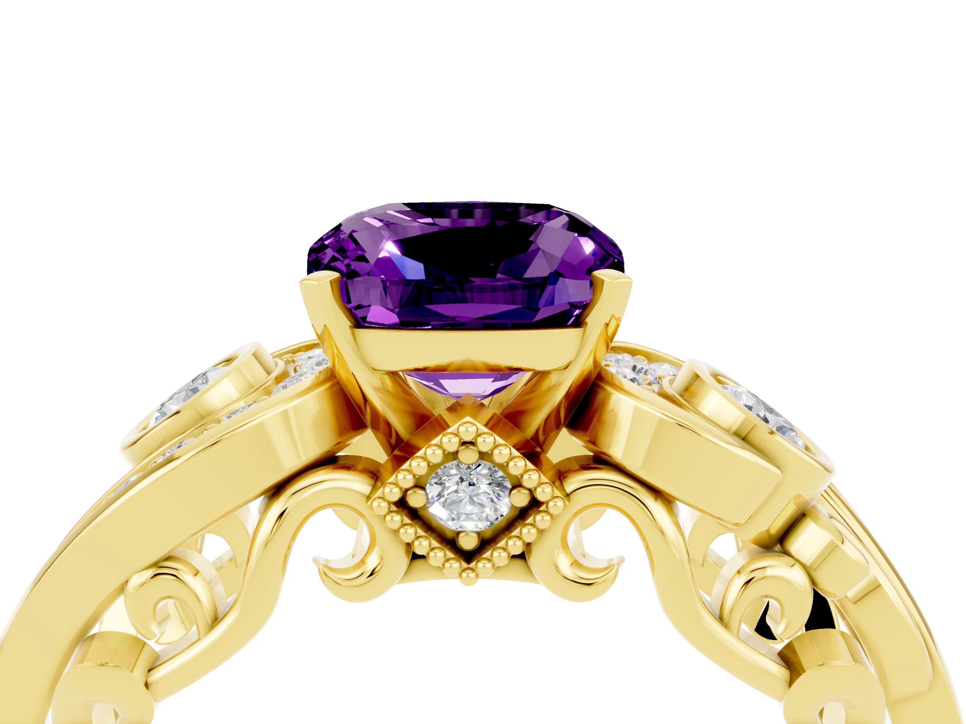 Yellow gold Cushion Cut Amethyst Solitaire Ring with Milgrain Pavé Band and Four-Prong Setting_28