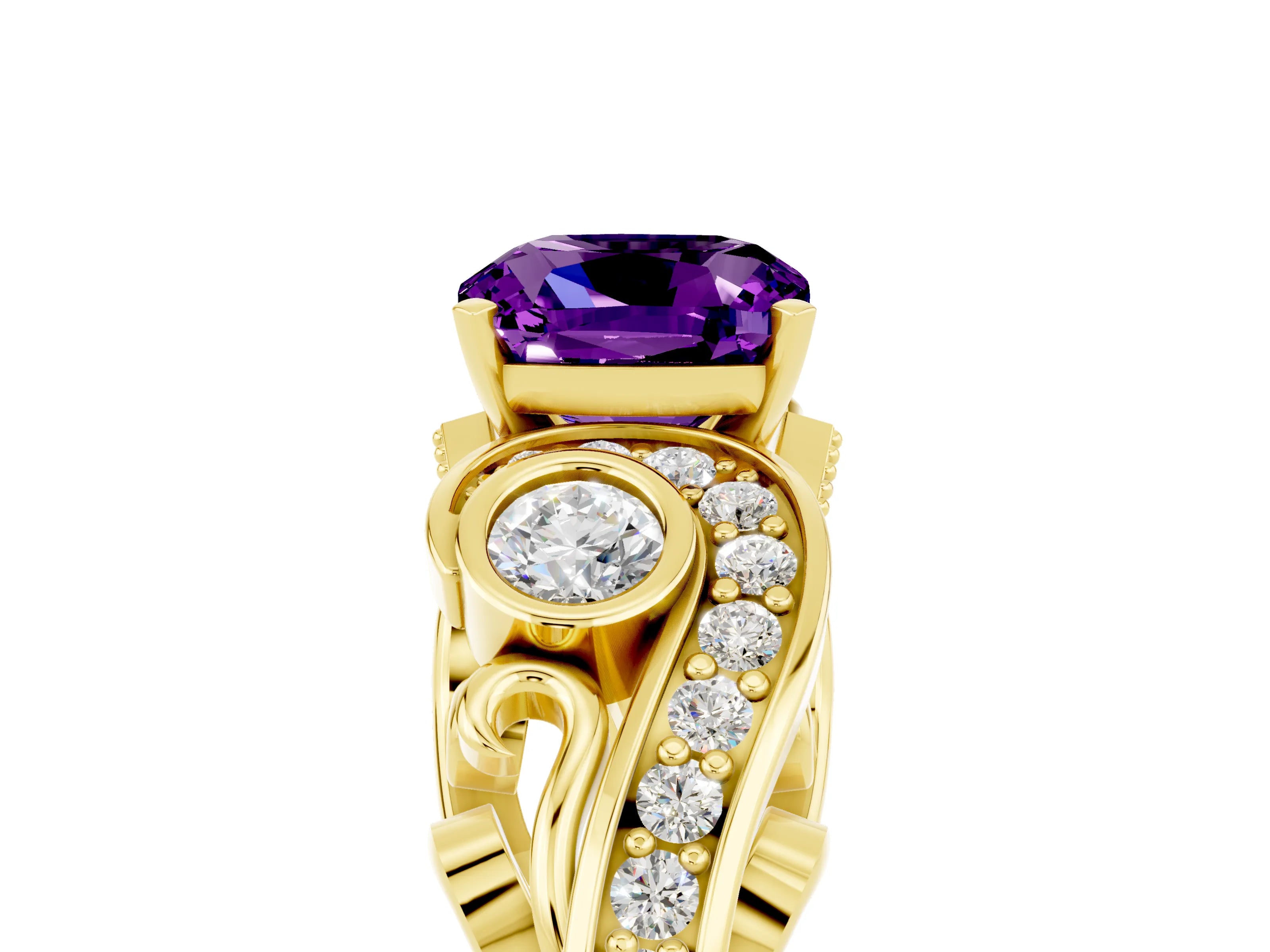 Yellow gold Cushion Cut Amethyst Solitaire Ring with Milgrain Pavé Band and Four-Prong Setting_29