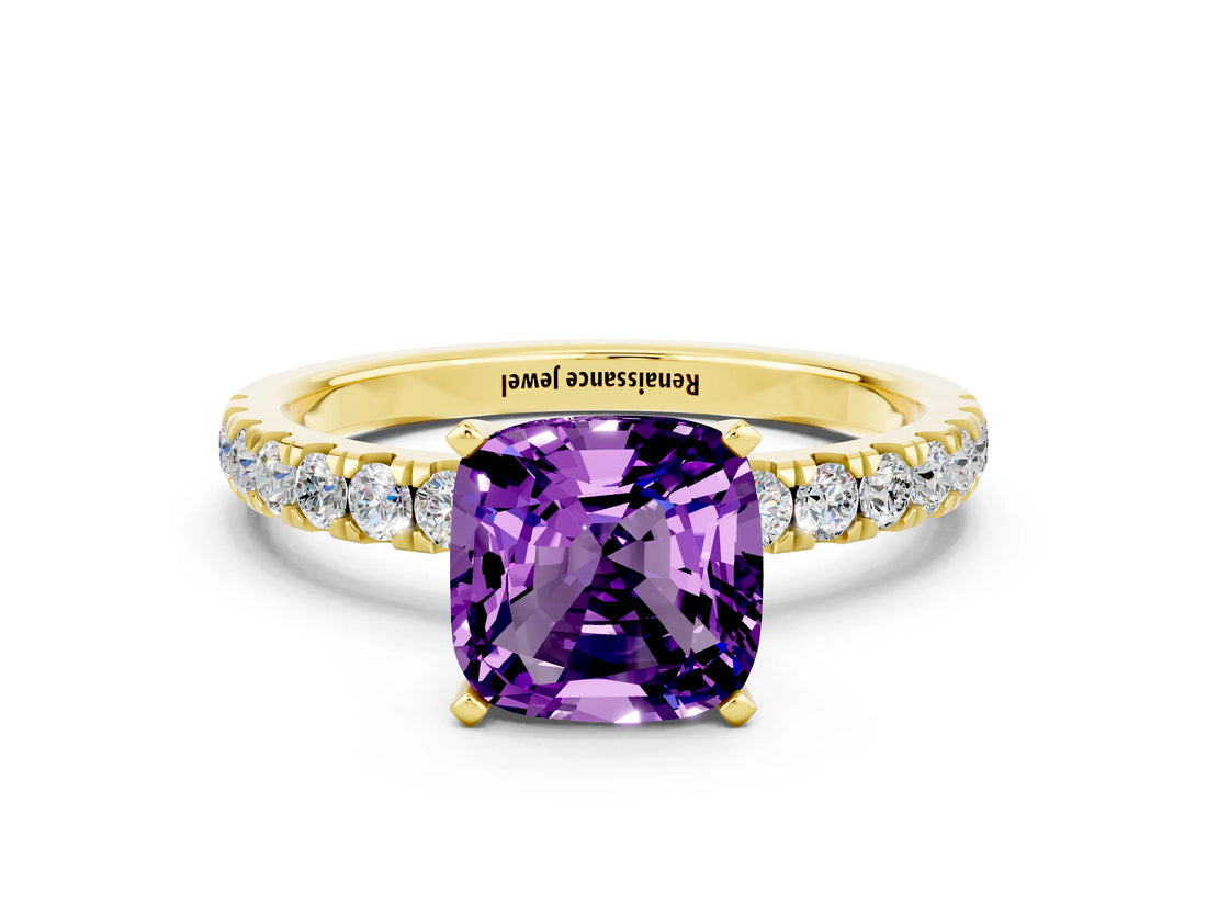 Yellow gold Cushion Cut Amethyst Solitaire Ring with Pavé Accents and Four-Prong Setting