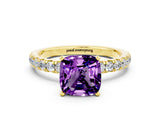 Yellow gold Cushion Cut Amethyst Solitaire Ring with Pavé Accents and Four-Prong Setting