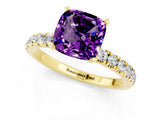 Yellow gold Cushion Cut Amethyst Solitaire Ring with Pavé Accents and Four-Prong Setting_1