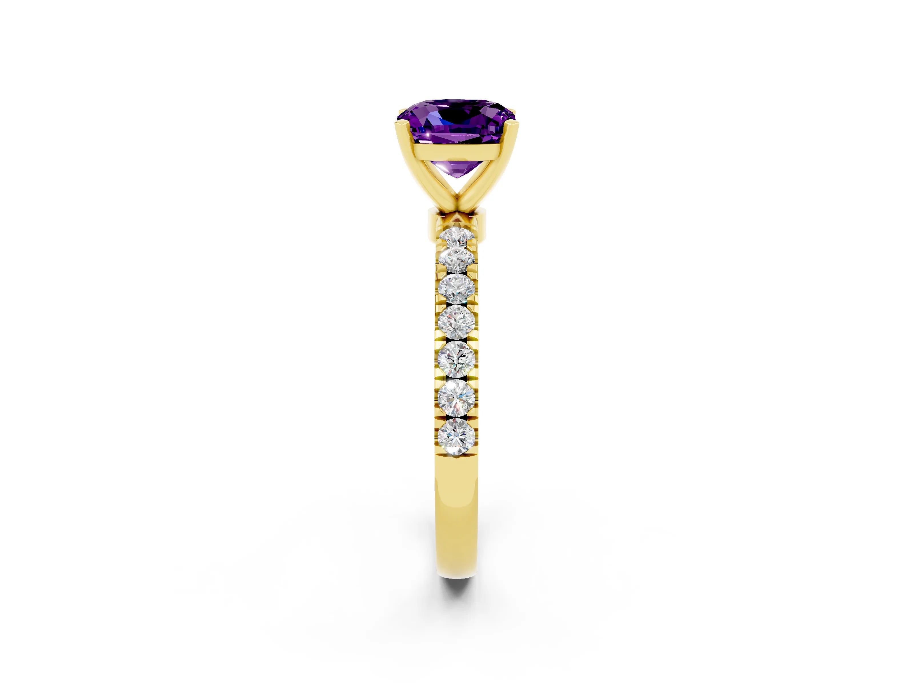 Yellow gold Cushion Cut Amethyst Solitaire Ring with Pavé Accents and Four-Prong Setting_2