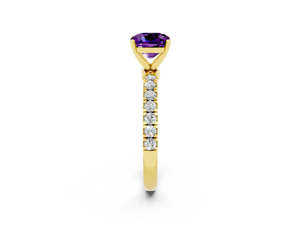 Yellow gold Cushion Cut Amethyst Solitaire Ring with Pavé Accents and Four-Prong Setting