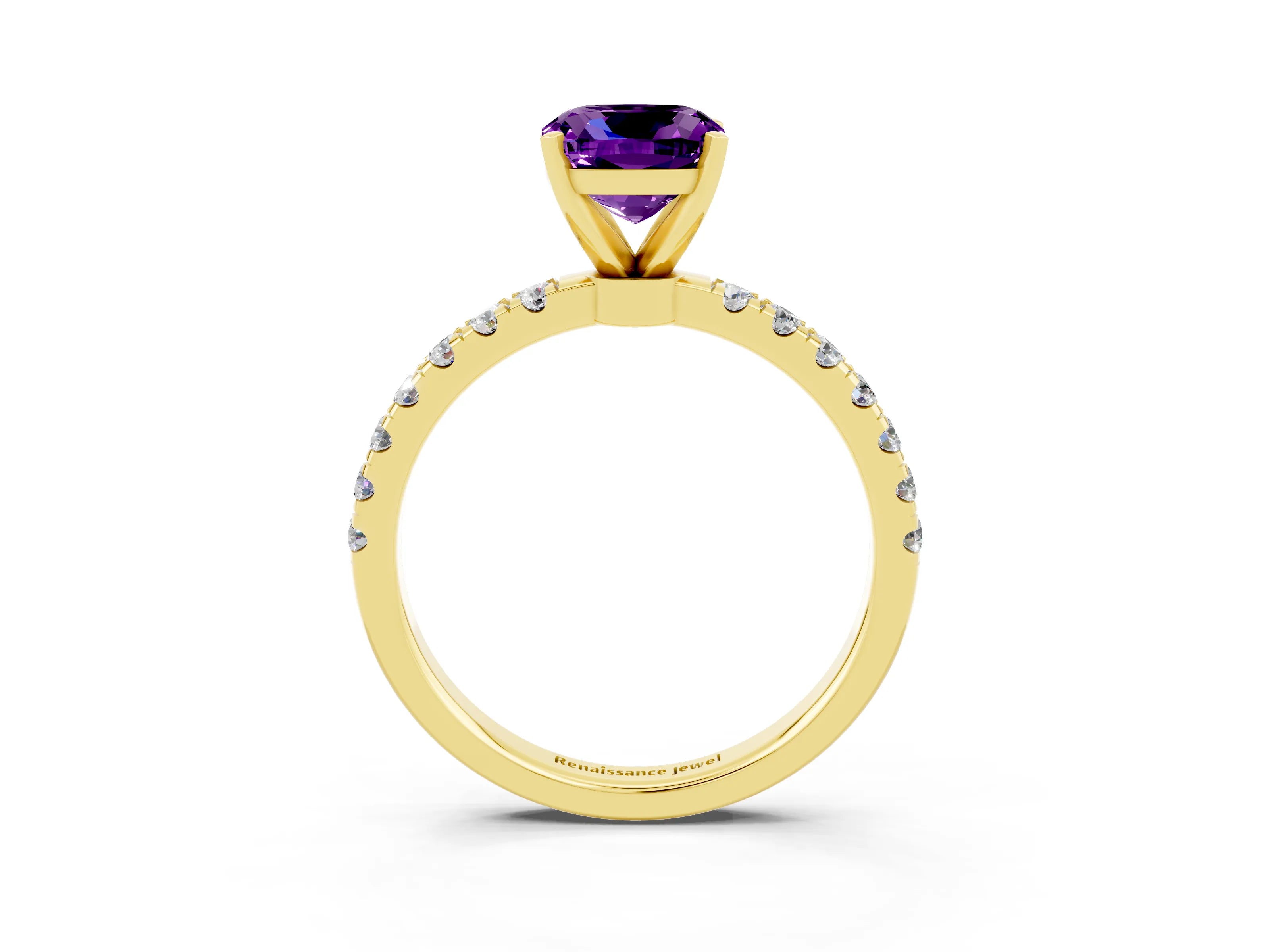 Yellow gold Cushion Cut Amethyst Solitaire Ring with Pavé Accents and Four-Prong Setting_3