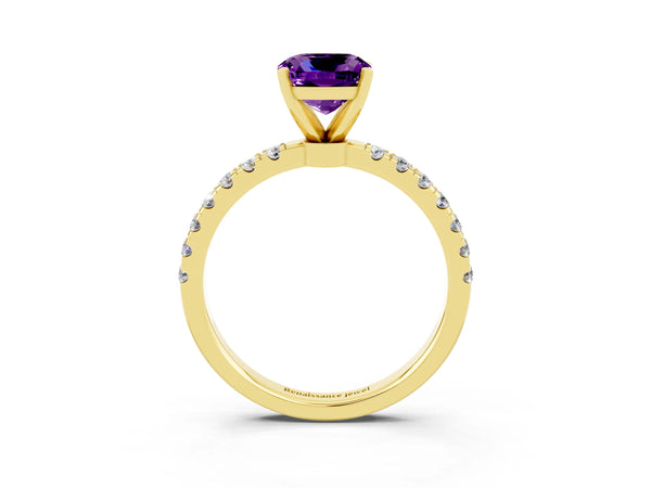 Yellow gold Cushion Cut Amethyst Solitaire Ring with Pavé Accents and Four-Prong Setting
