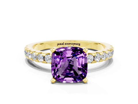 Yellow gold Cushion Cut Amethyst Solitaire Ring with Pavé Band and Four-Prong Setting_12