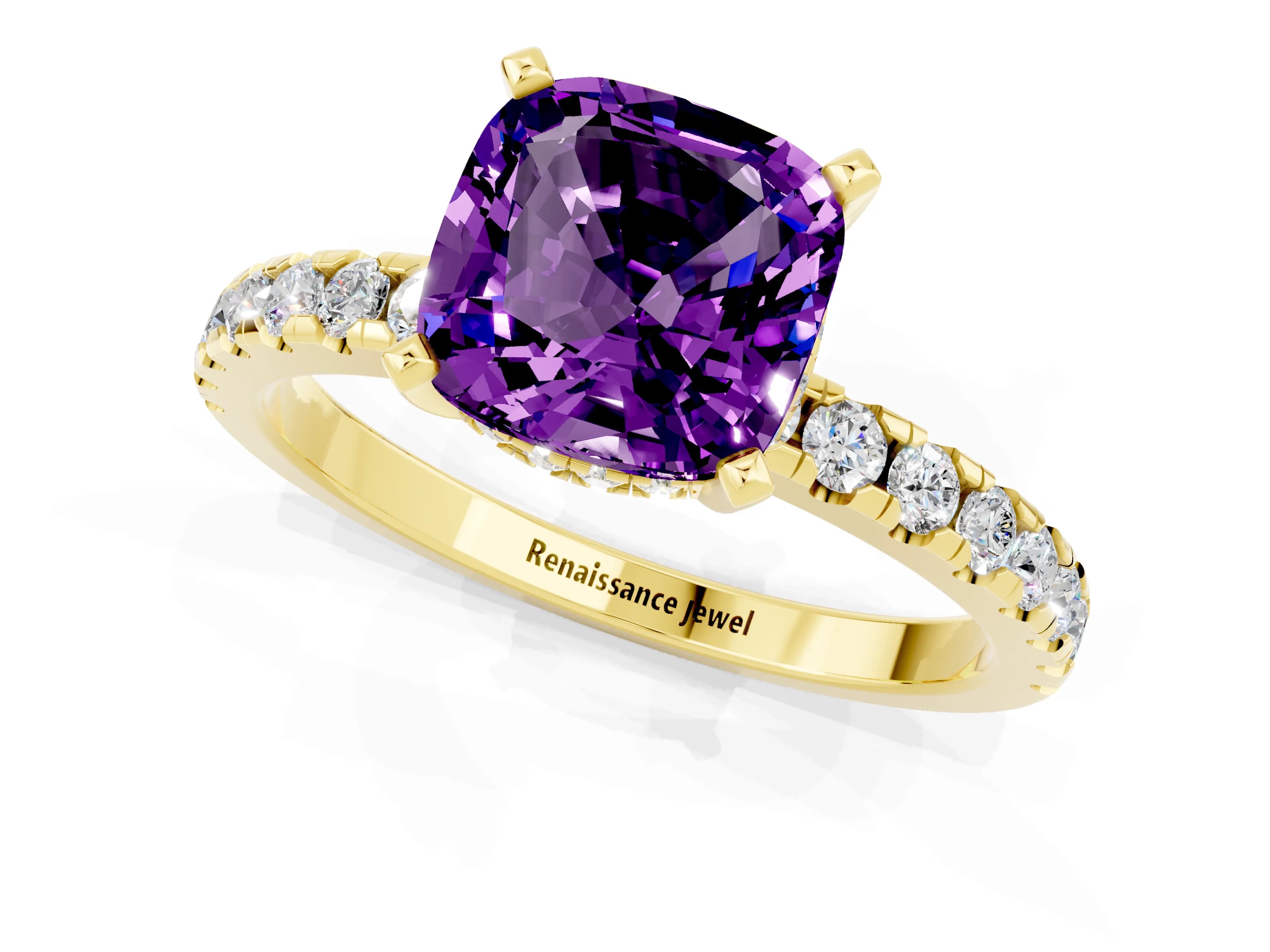 Yellow gold Cushion Cut Amethyst Solitaire Ring with Pavé Band and Four-Prong Setting_13