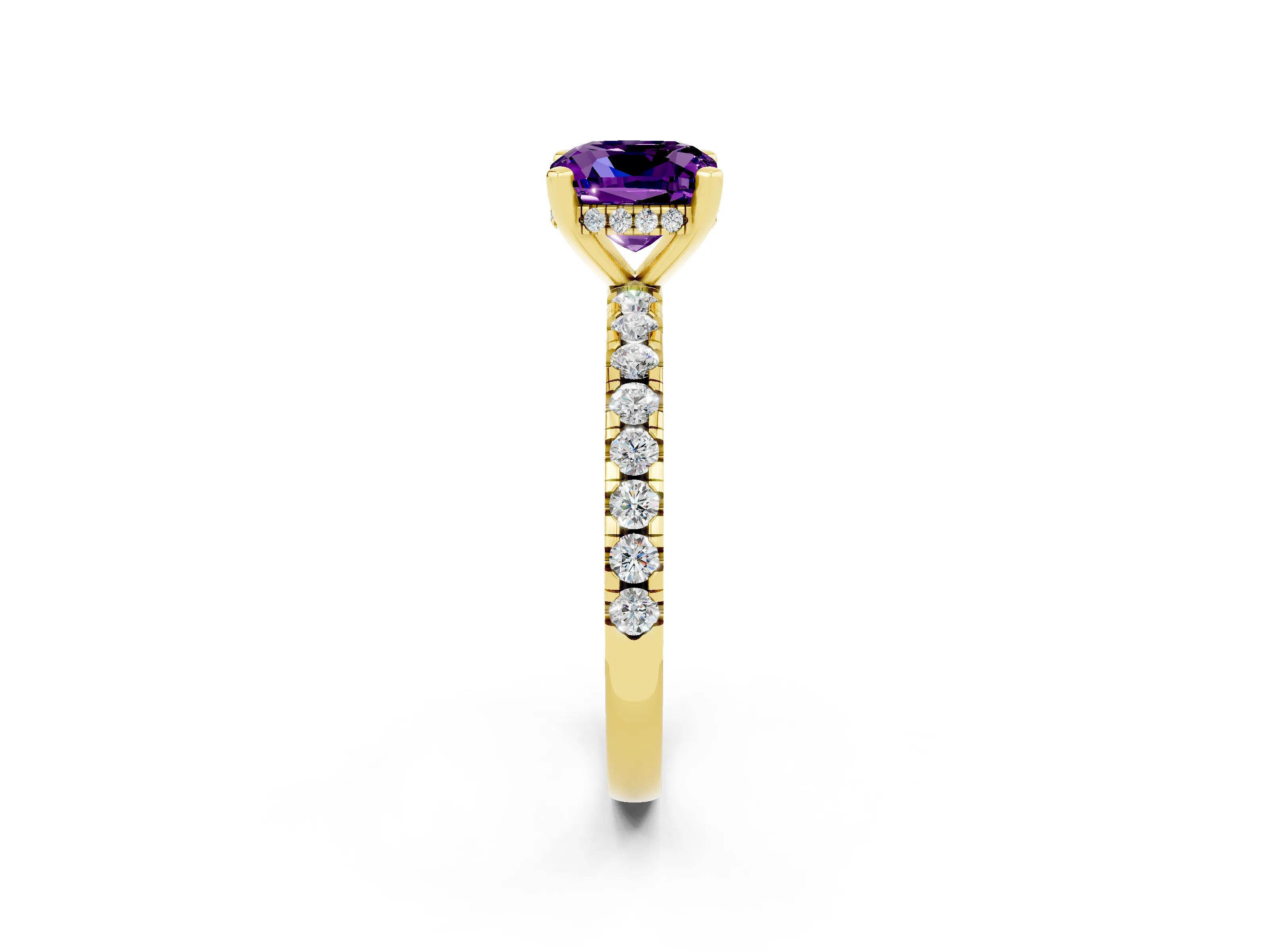 Yellow gold Cushion Cut Amethyst Solitaire Ring with Pavé Band and Four-Prong Setting_14
