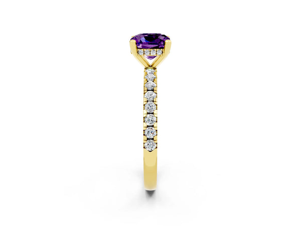 Yellow gold Cushion Cut Amethyst Solitaire Ring with Round  Pavé Band and Four-Prong Setting