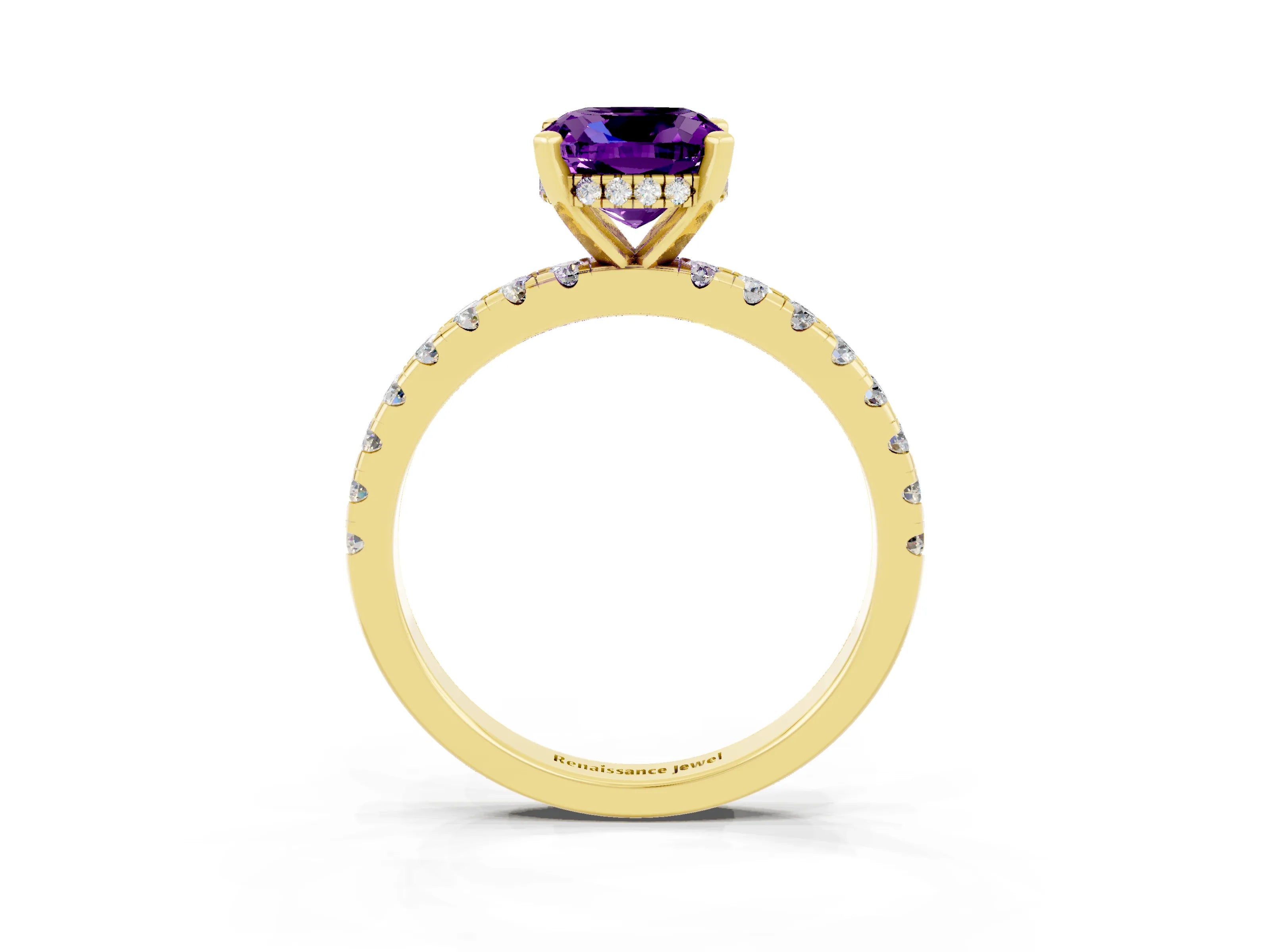 Yellow gold Cushion Cut Amethyst Solitaire Ring with Pavé Band and Four-Prong Setting_15