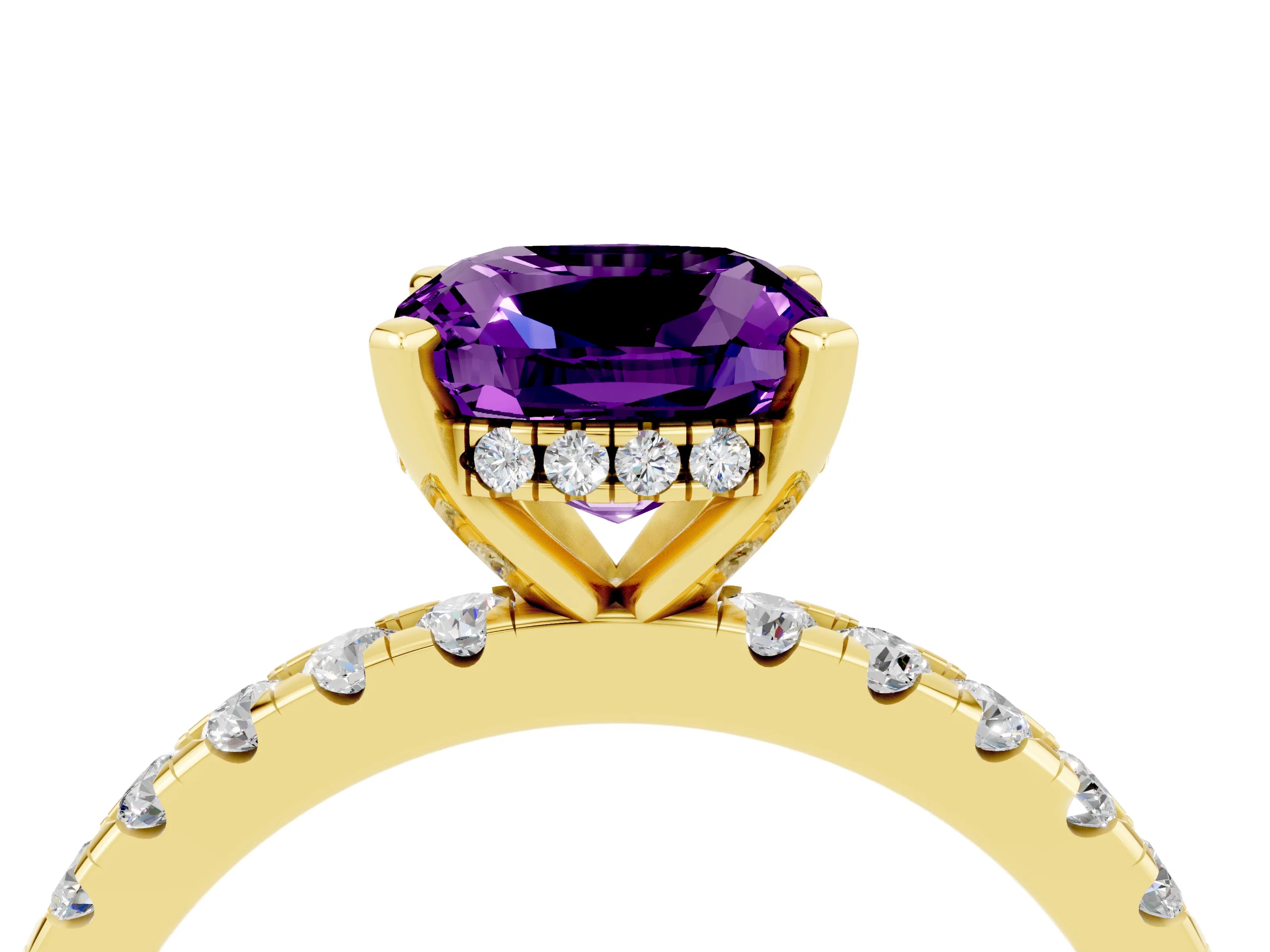 Yellow gold Cushion Cut Amethyst Solitaire Ring with Pavé Band and Four-Prong Setting_16