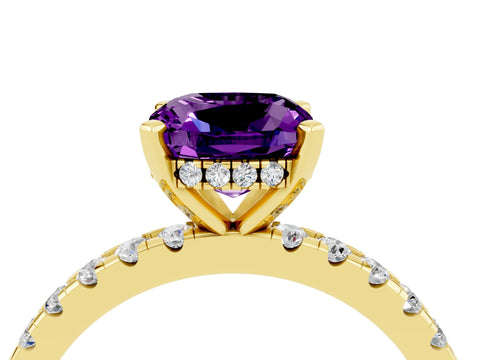 Yellow gold Cushion Cut Amethyst Solitaire Ring with Pavé Band and Four-Prong Setting_16