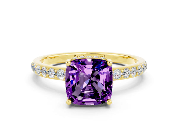 Yellow gold Cushion Cut Amethyst Solitaire Ring with Pavé Band and Hidden Halo