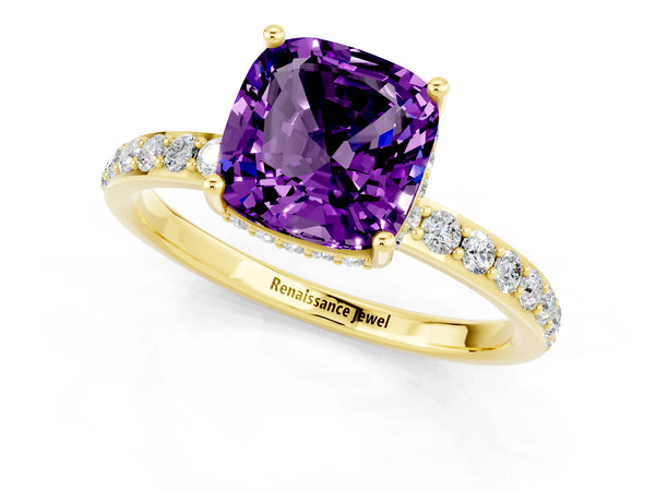 Yellow gold Cushion Cut Amethyst Solitaire Ring with Pavé Band and Hidden Halo