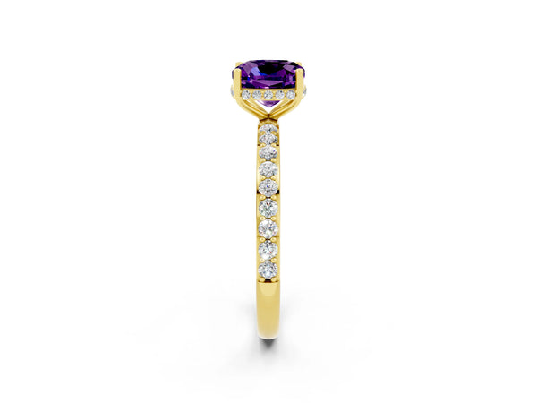 Yellow gold Cushion Cut Amethyst Solitaire Ring with Pavé Band and Hidden Halo