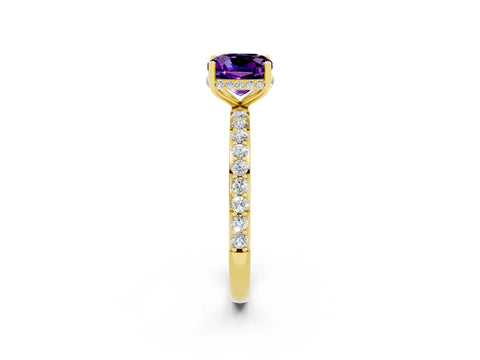 Yellow gold Cushion Cut Amethyst Solitaire Ring with Pavé Band and Hidden Halo_14