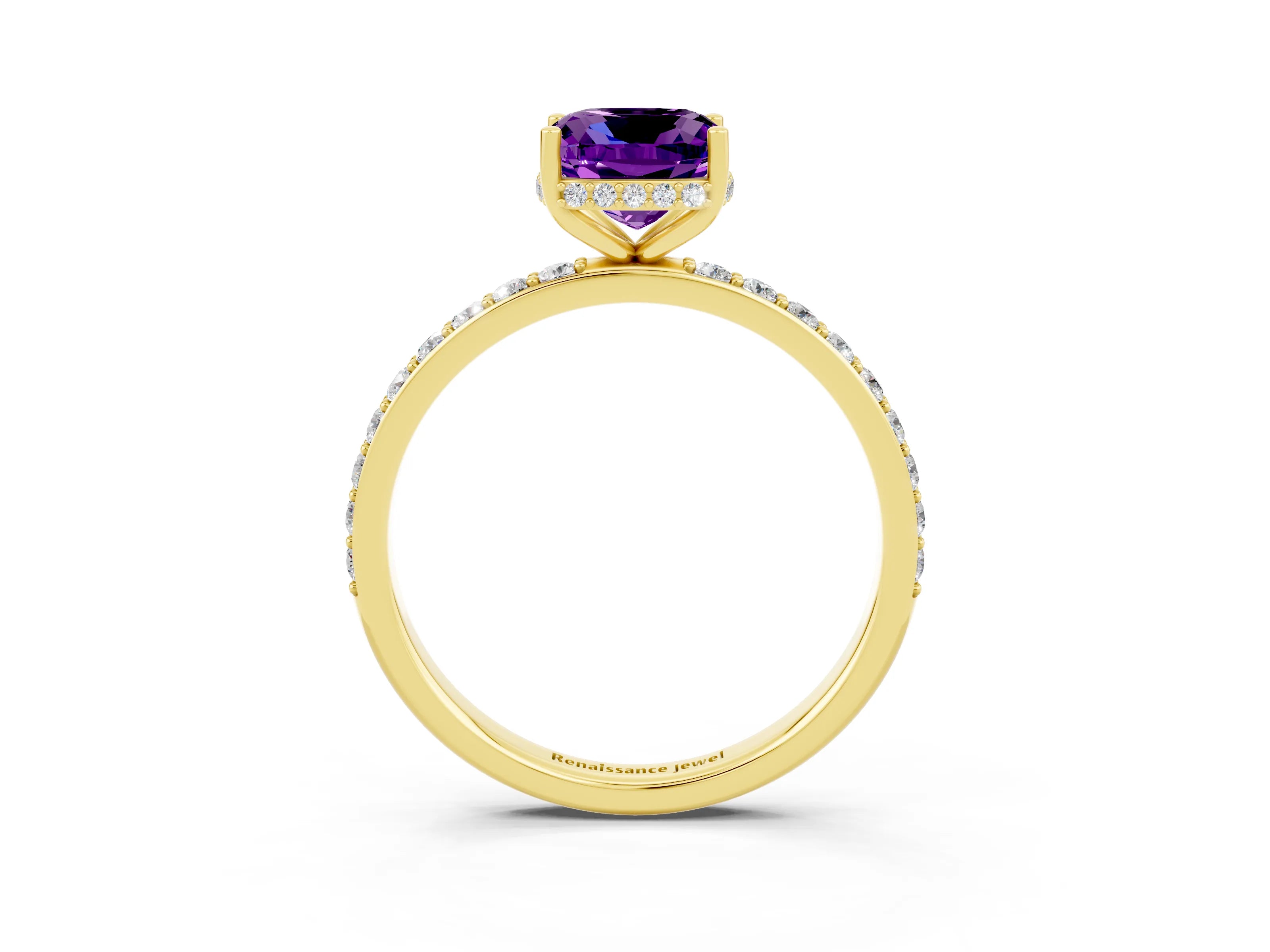 Yellow gold Cushion Cut Amethyst Solitaire Ring with Pavé Band and Hidden Halo_15