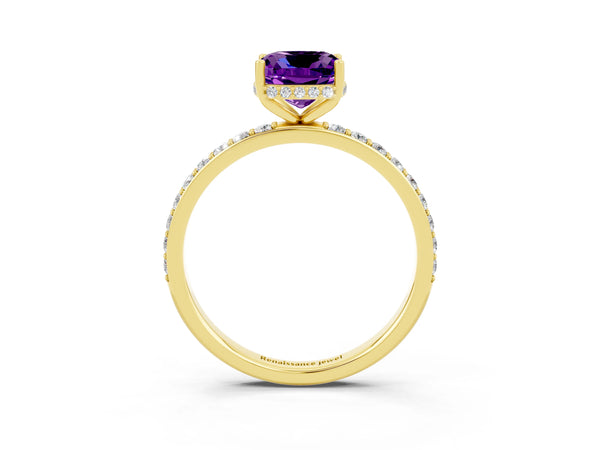 Yellow gold Cushion Cut Amethyst Solitaire Ring with Pavé Band and Hidden Halo