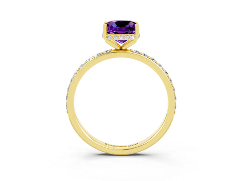 Yellow gold Cushion Cut Amethyst Solitaire Ring with Pavé Band and Hidden Halo_15