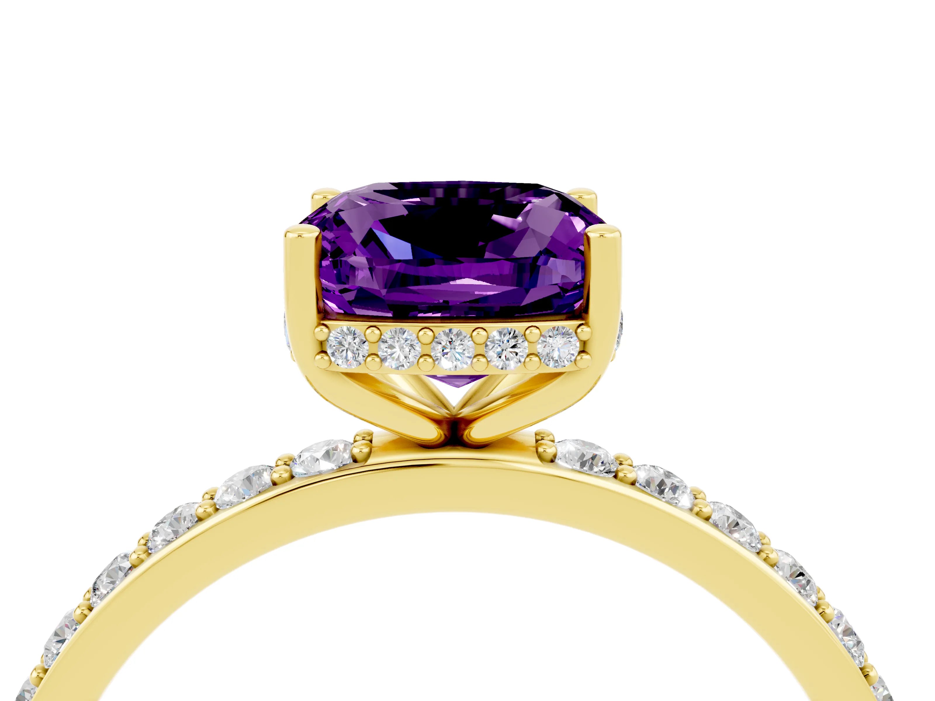 Yellow gold Cushion Cut Amethyst Solitaire Ring with Pavé Band and Hidden Halo_16