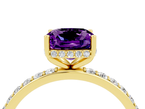 Yellow gold Cushion Cut Amethyst Solitaire Ring with Pavé Band and Hidden Halo_16