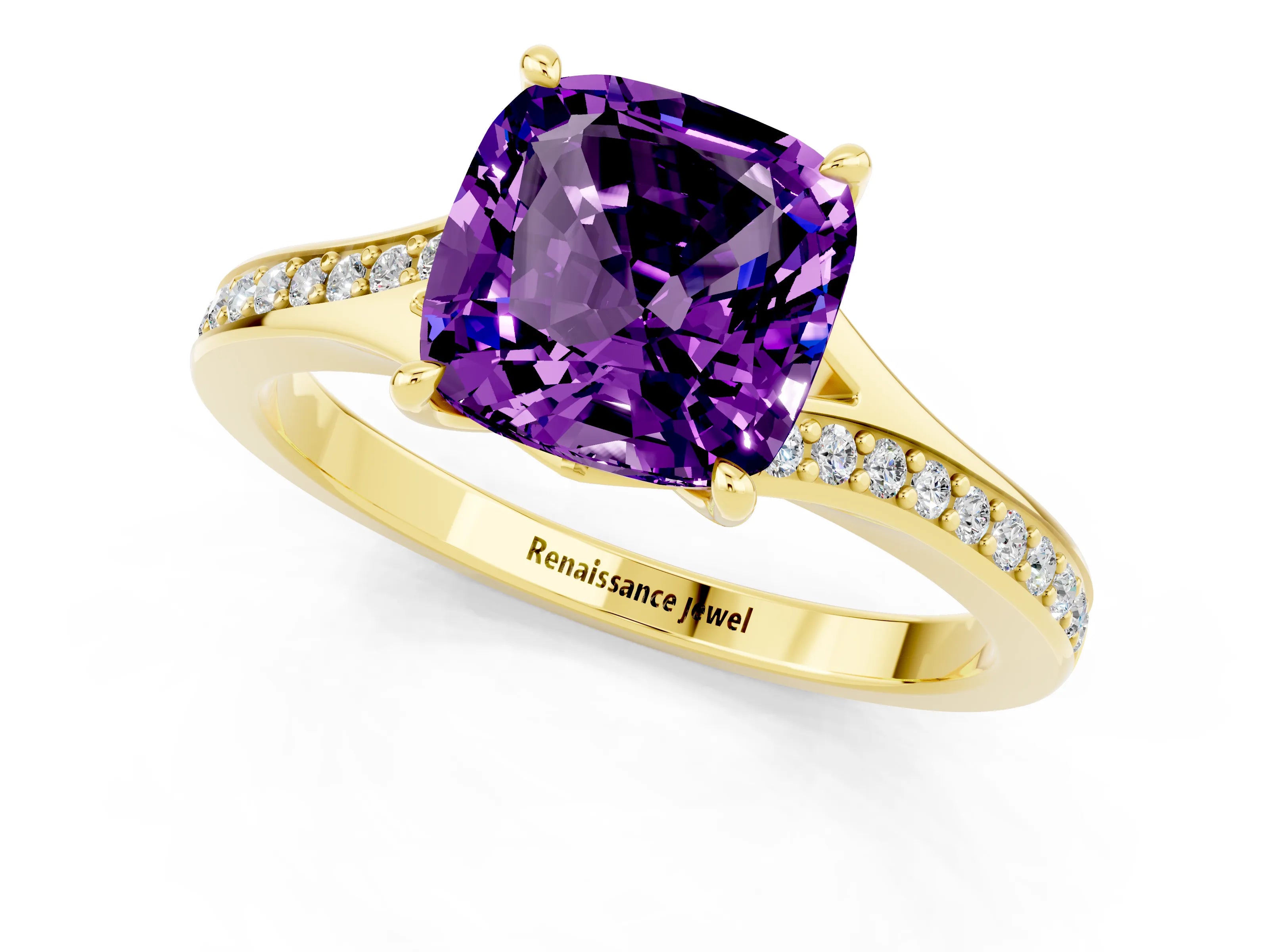 Yellow gold Cushion Cut Amethyst Solitaire Ring with Pavé Band and Prong Setting_1