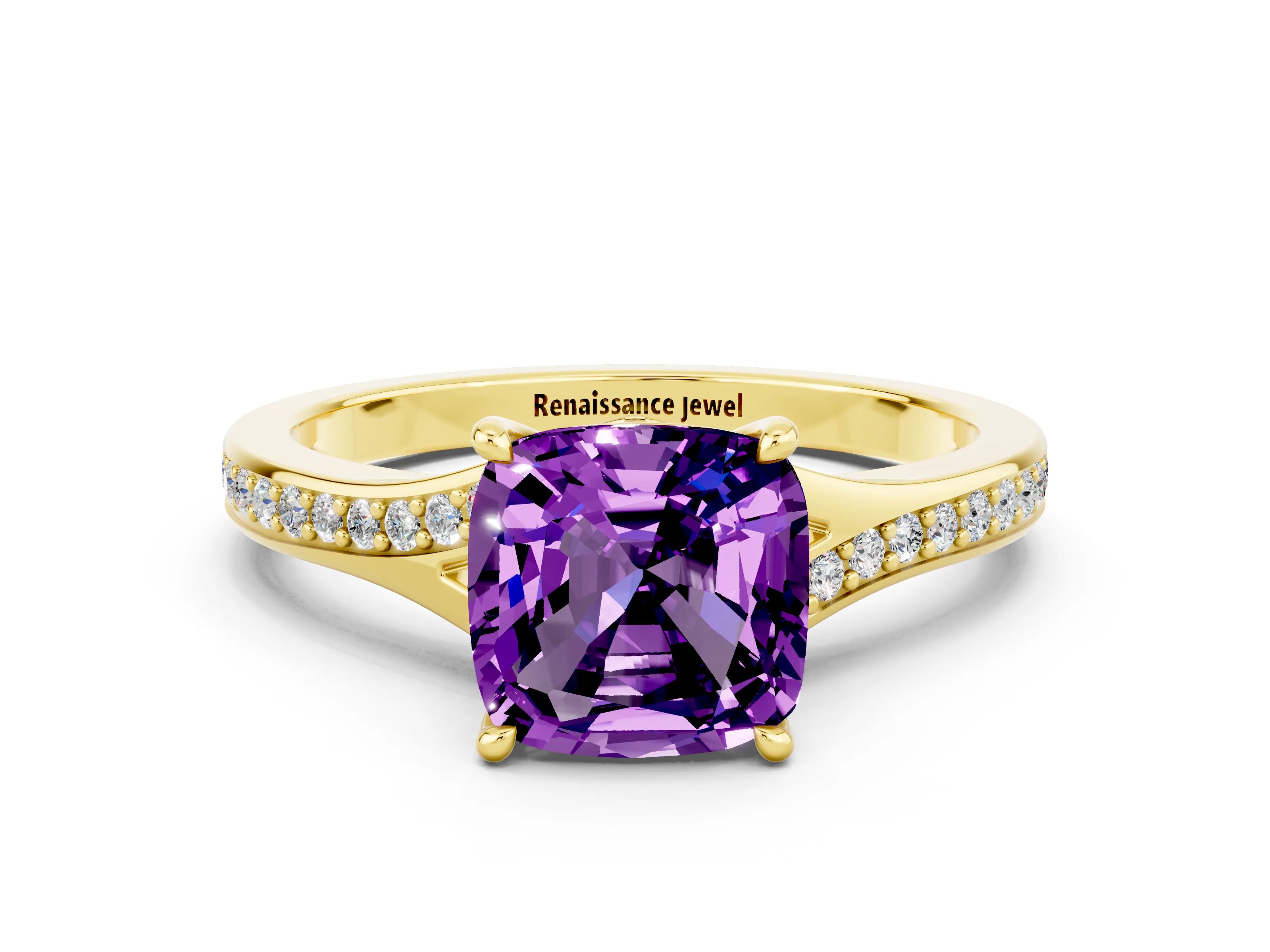 Yellow gold Cushion Cut Amethyst Solitaire Ring with Pavé Band and Prong Setting_12
