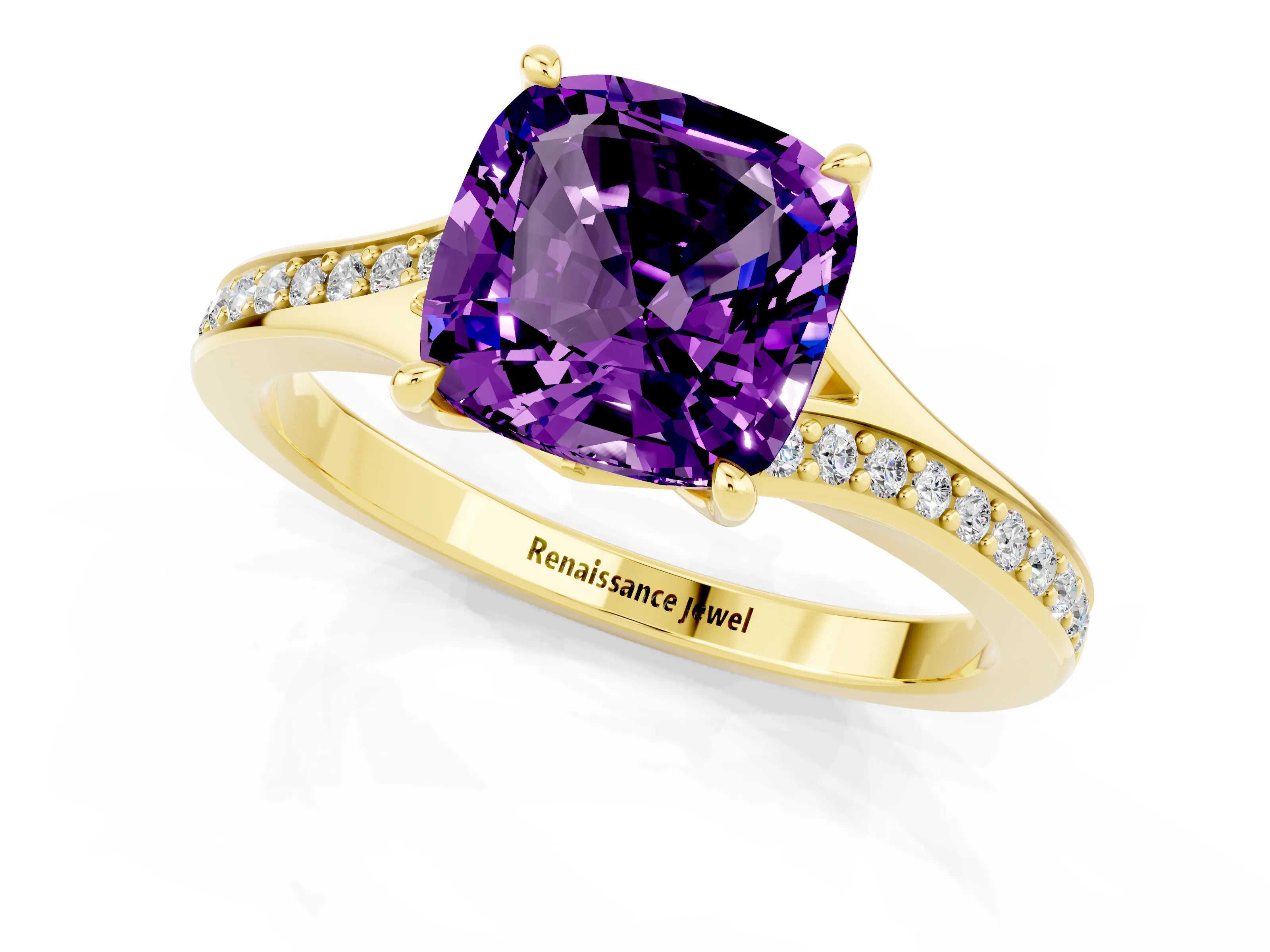 Yellow gold Cushion Cut Amethyst Solitaire Ring with Pavé Band and Prong Setting_13