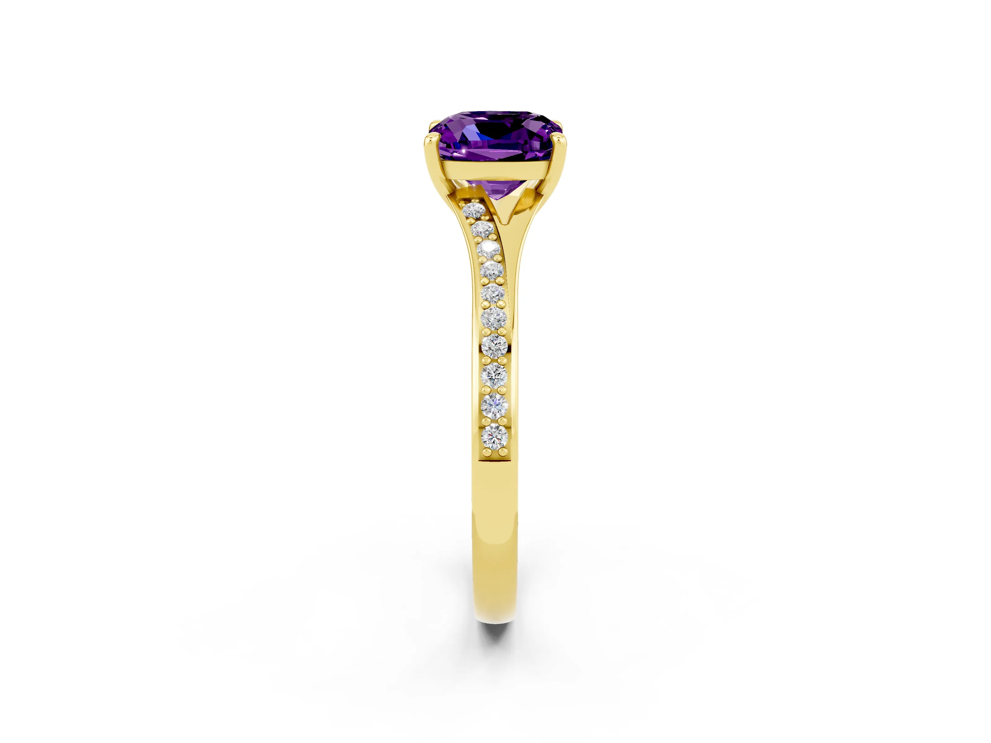 Yellow gold Cushion Cut Amethyst Solitaire Ring with Pavé Band and Prong Setting_14