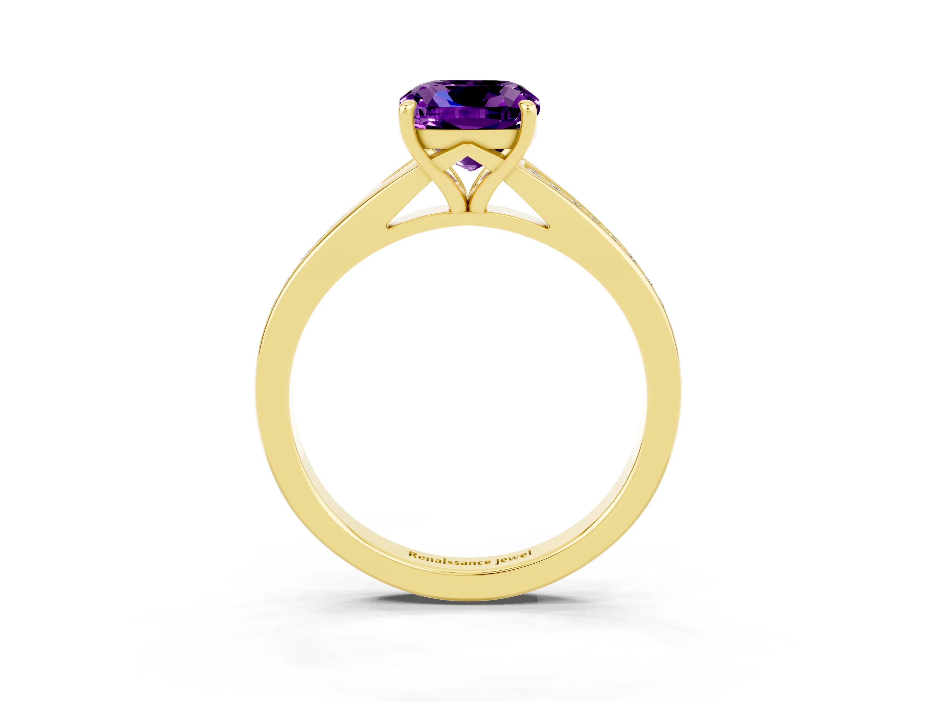 Yellow gold Cushion Cut Amethyst Solitaire Ring with Pavé Band and Prong Setting_15