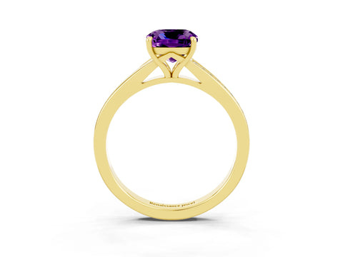 Yellow gold Cushion Cut Amethyst Solitaire Ring with Pavé Band and Prong Setting_15