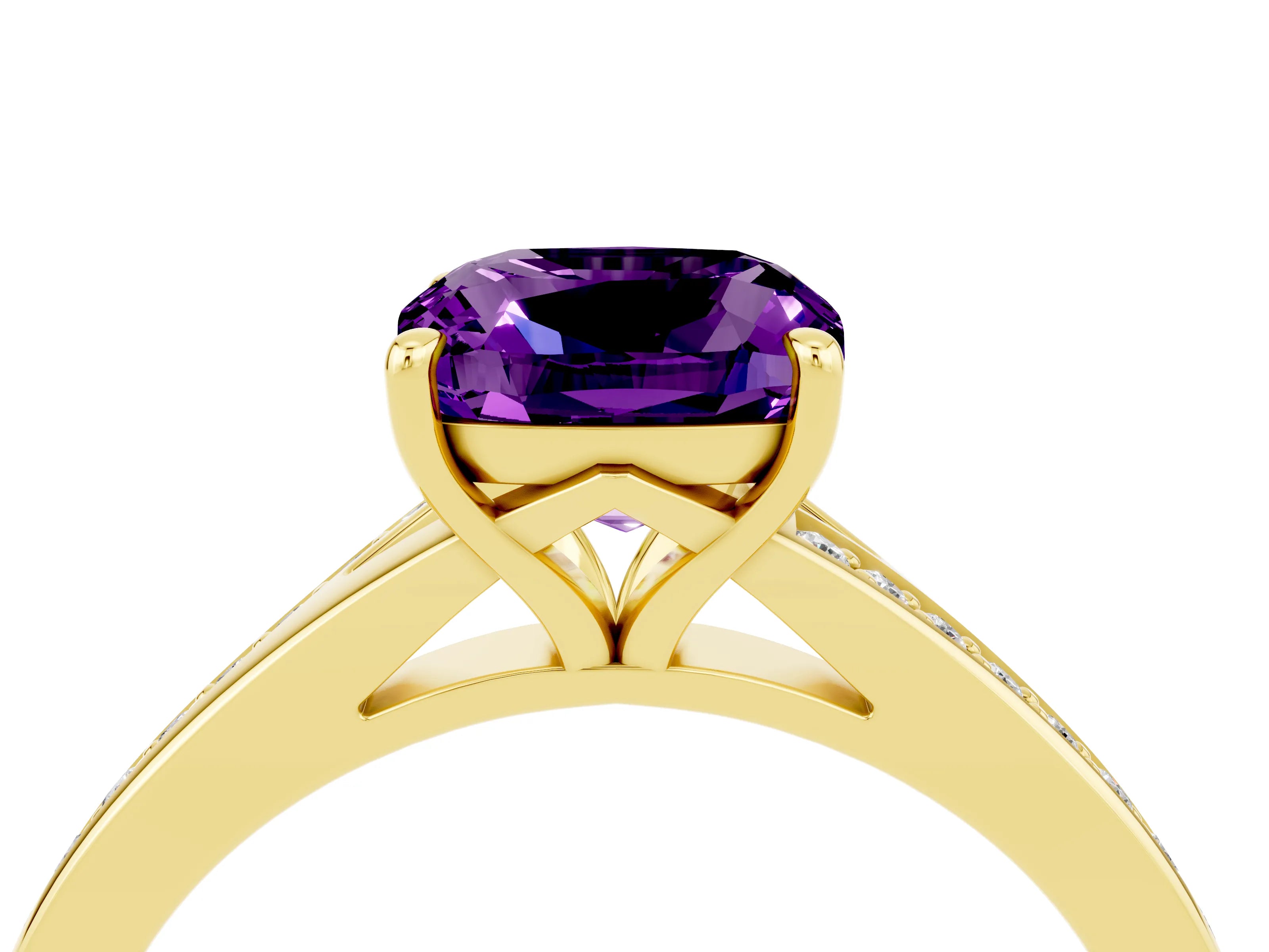 Yellow gold Cushion Cut Amethyst Solitaire Ring with Pavé Band and Prong Setting_16