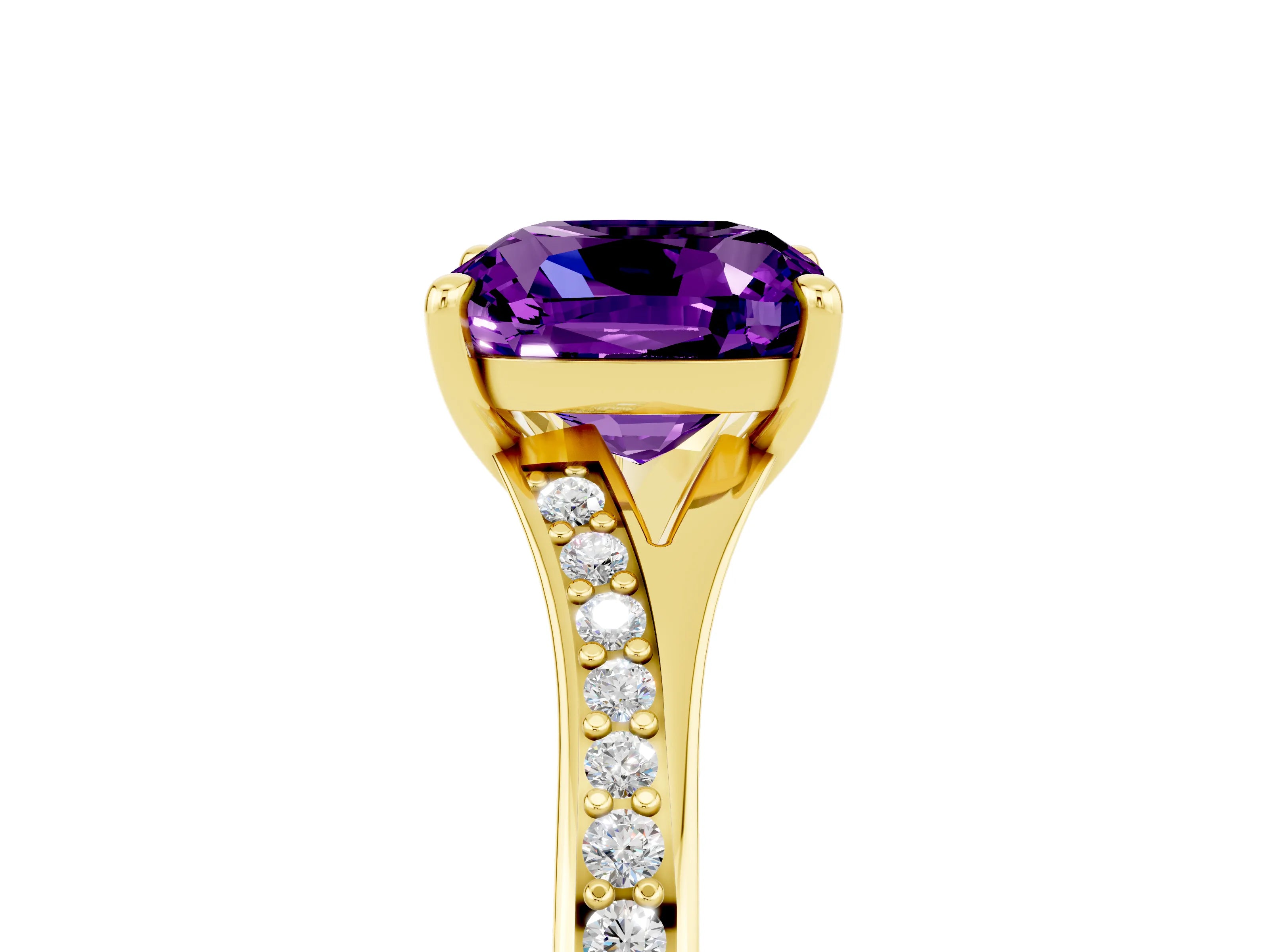 Yellow gold Cushion Cut Amethyst Solitaire Ring with Pavé Band and Prong Setting_17