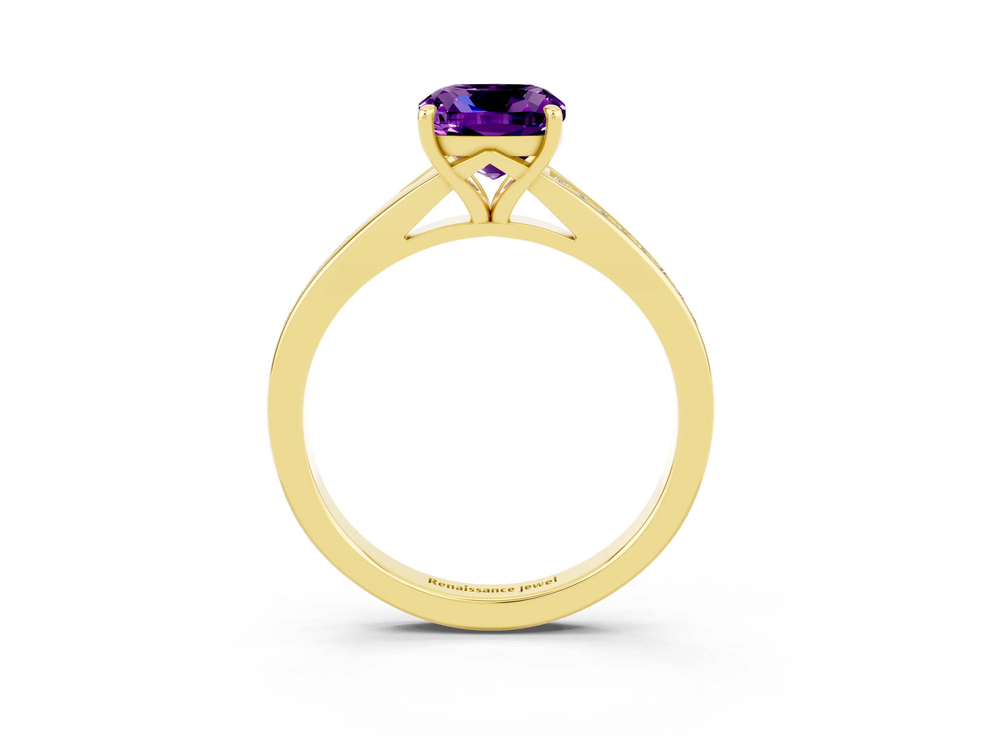 Yellow gold Cushion Cut Amethyst Solitaire Ring with Pavé Band and Prong Setting_3