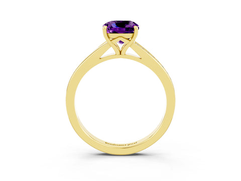 Yellow gold Cushion Cut Amethyst Solitaire Ring with Pavé Band and Prong Setting_3