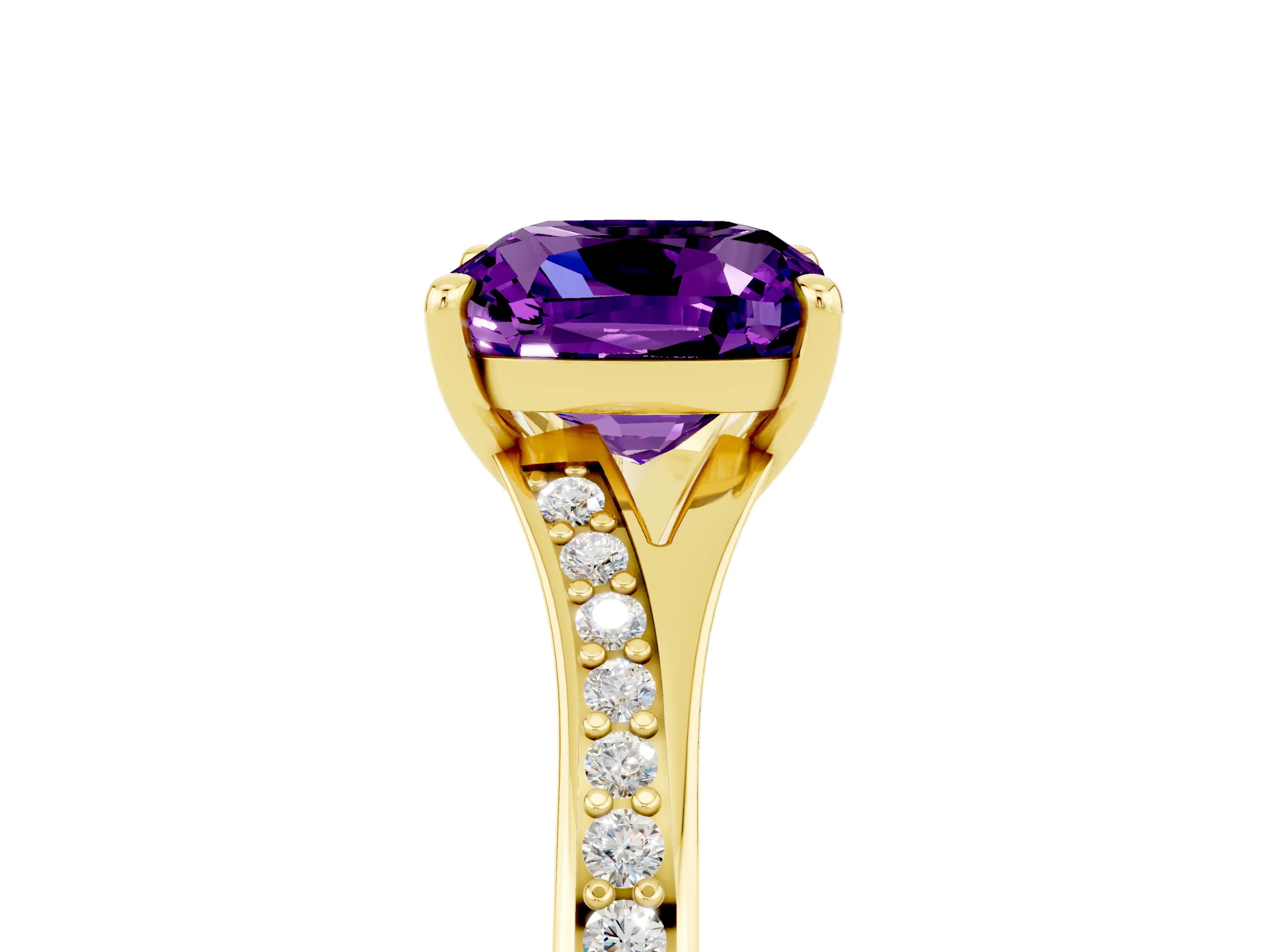 Yellow gold Cushion Cut Amethyst Solitaire Ring with Pavé Band and Prong Setting_5